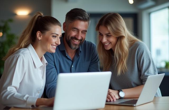 Diverse group of people in a professional setting collaboratively looking at a screen