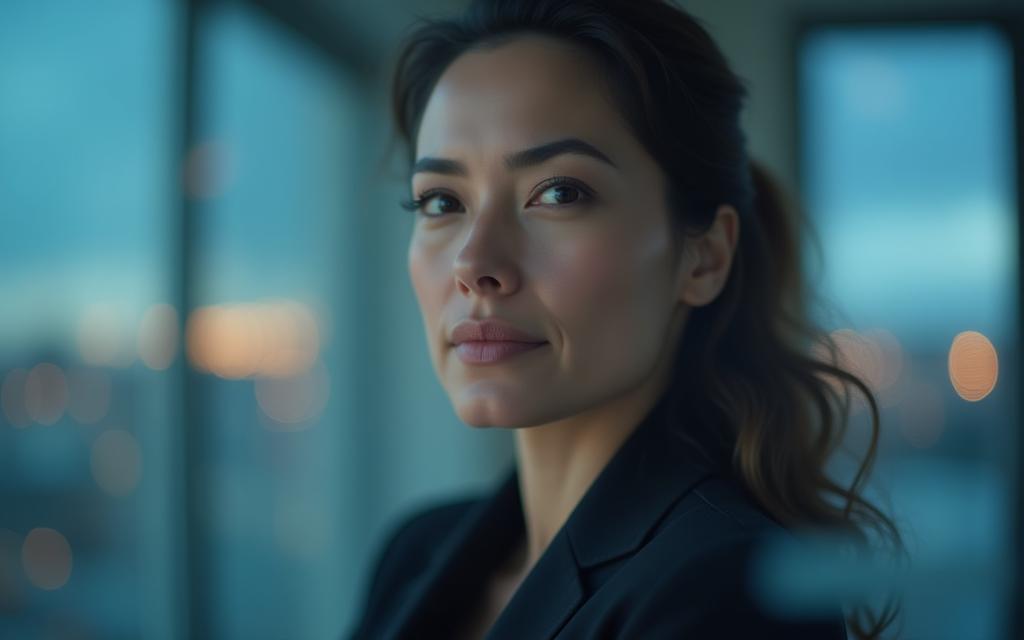 Professional person looking confidently at a screen with cityscape in background